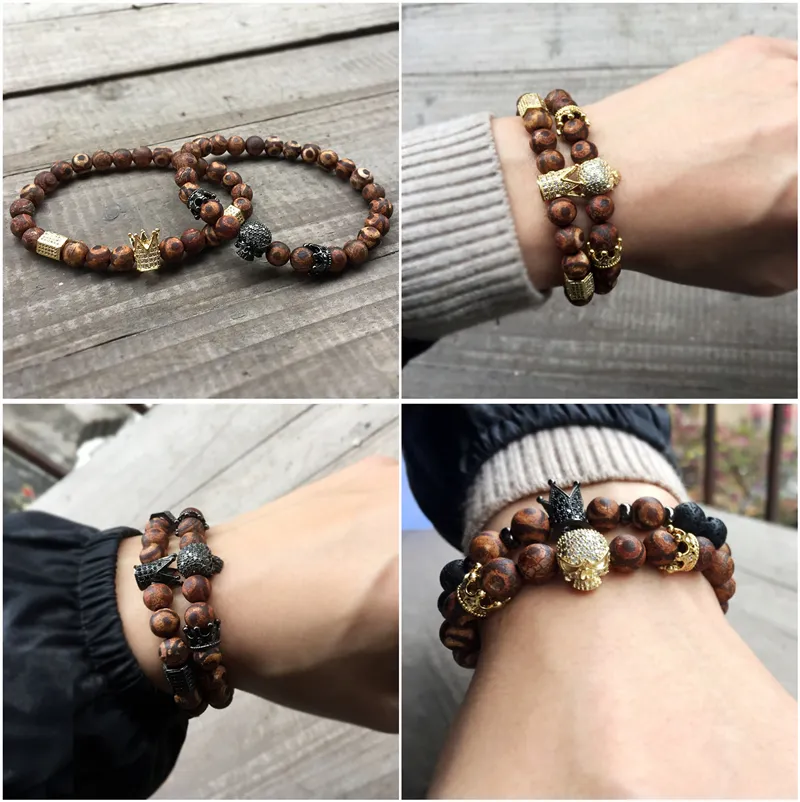 Hebras de diseño pulsera de piedra hombres mujeres Micro Pave CZ cuentas calavera hombre corona circón regalo Día de San Valentín vacaciones Navidad