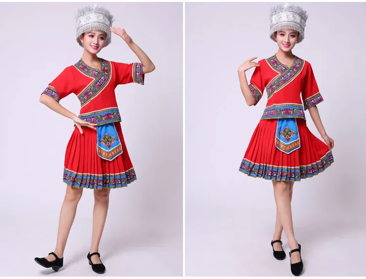 Costume tradizionale cinese Hmong top + gonne con volant set di abbigliamento vestito da ballo miao Abbigliamento da ballo donna di danza popolare cinese