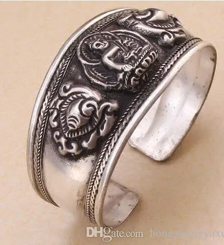 Bouddha tibétain chanceux unisexe Bracelet manchette Bracelet Tibet Bouddha en argent sculpté