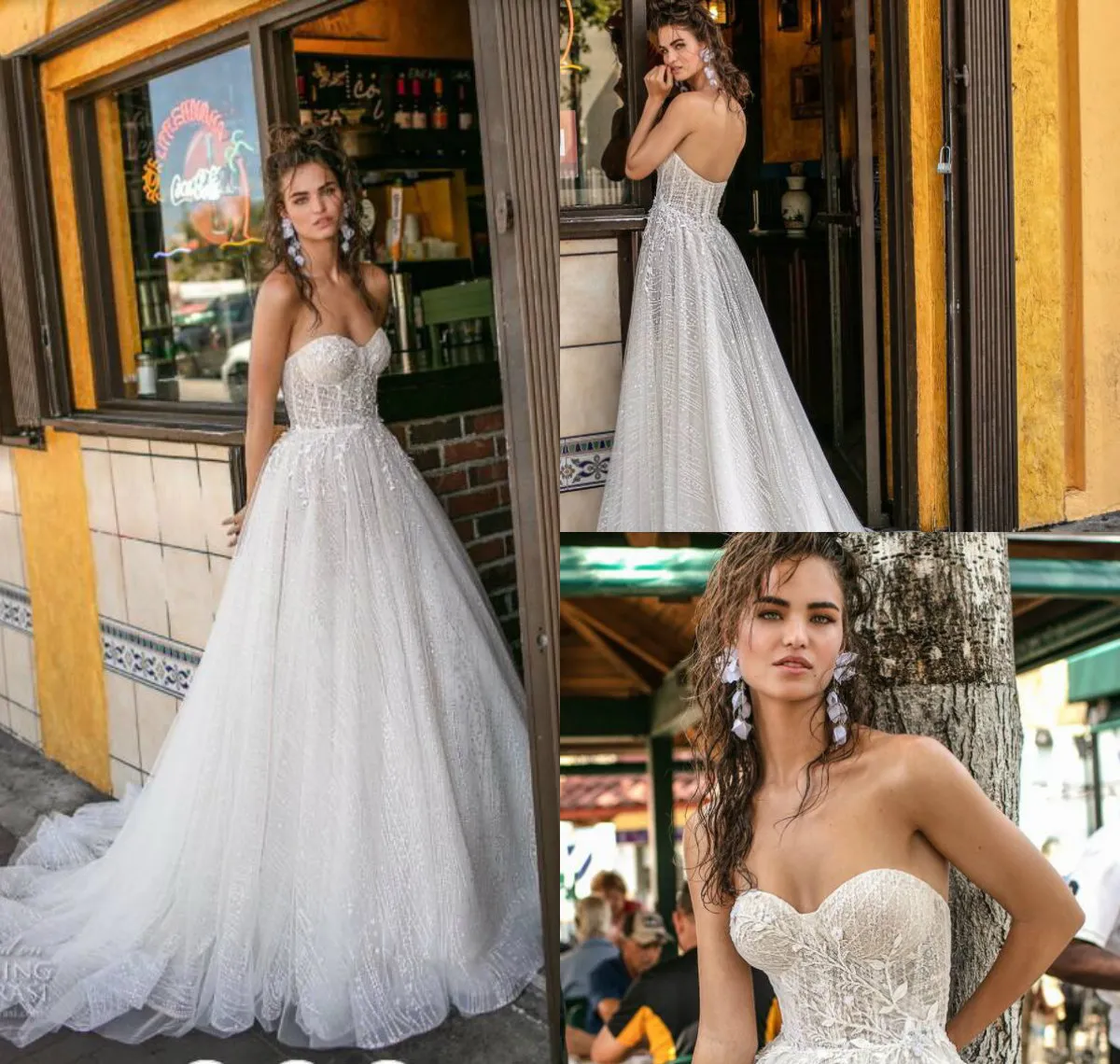 2019 BERTA Bröllopsklänningar En linje Sweetheart Lace Applique Backless Sweep Train Country Bridal Dress Sequins Plus Storlekstrand Bröllopsklänningar