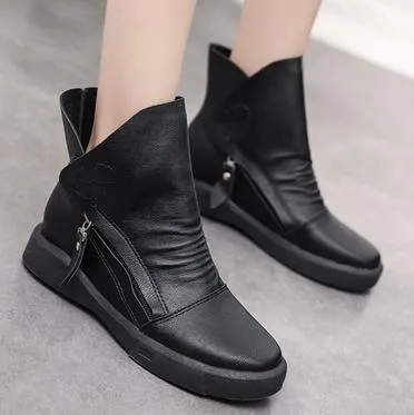 Ankle boots de couro para as mulheres saltos planas retro marrom à prova d 'água curto botas senhoras elegantes sapatos casuais de inverno mulher 2018