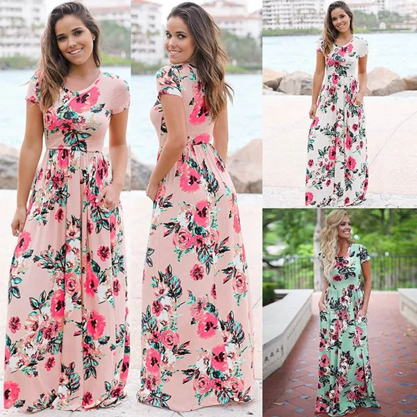 Kadınlar Çiçek Baskı Kısa Kollu Boho Moda Akşam Önlük Parti Uzun Maxi Elbise Yaz Sundress 5 Stiller