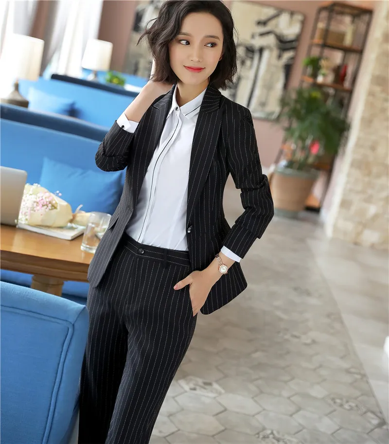 Élégant Bureau Travail Dames Rayé Blazers 2018 Nouveau Printemps Mode Manches Longues Bouton Unique Solide Costumes Veste Ensembles Femmes Blazer Jupe Costume