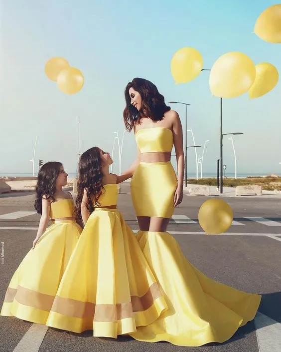 Hot Yellow Girls Pageant Dress A Line Flower Girl Dress Ragazze Wedding Birthday Party Gown Abbigliamento per bambini Madre Figlia Foto Abiti