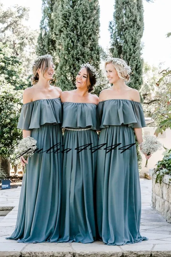 2019 Skromne Druhna Suknie Linii Długie Teal Błękitny Szyfon Kraj Plaża Junior Maid of Honor Gowns Wedding Party Guest Guest