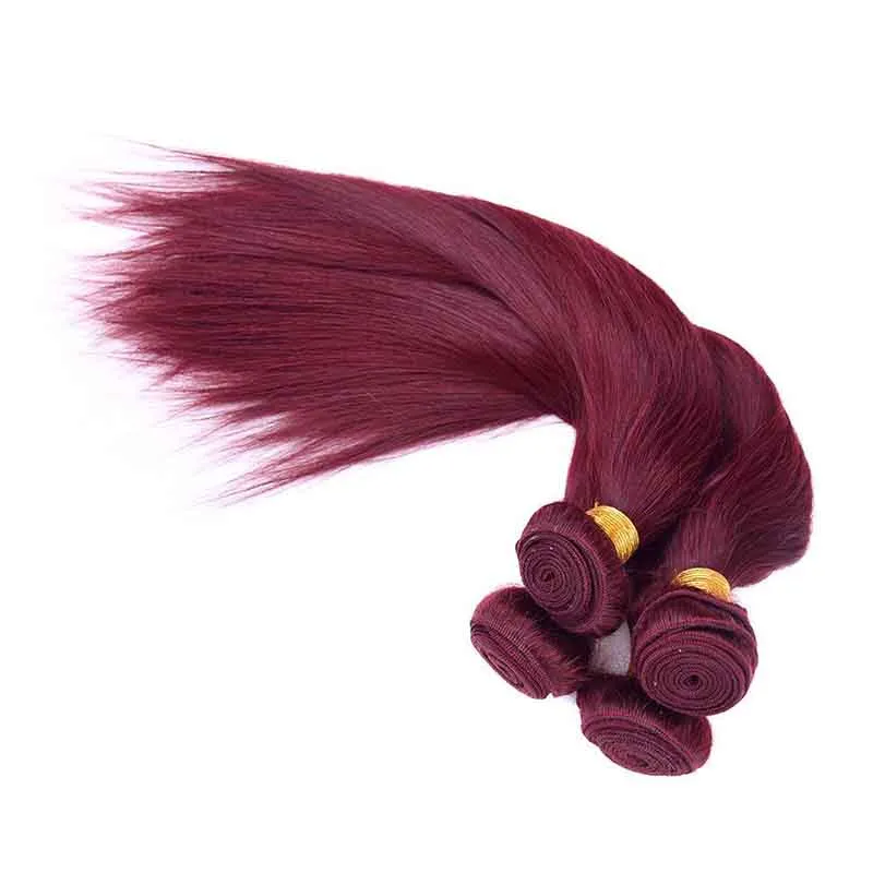 Brasilianisches burgunderrotes Echthaar, 4 Bündel, gefärbt, brasilianisches 99# Weinrot, reine Haarwebart, Großhandel mit brasilianischen Echthaarverlängerungen