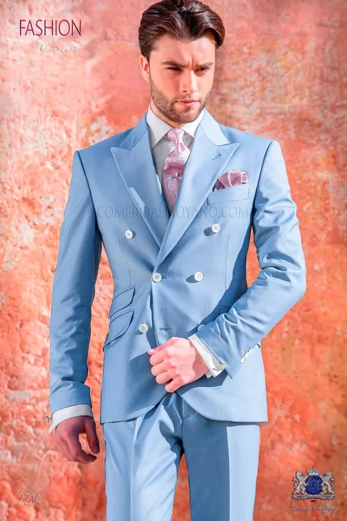 أزرق فاتح العريس البدلات الرسمية الرجال مزدوجة الصدر الزفاف البدلات الرسمية الذروة التلبيب سترات السترة أزياء الرجال عشاء / بدلة (سترة + سروال + التعادل) 1290