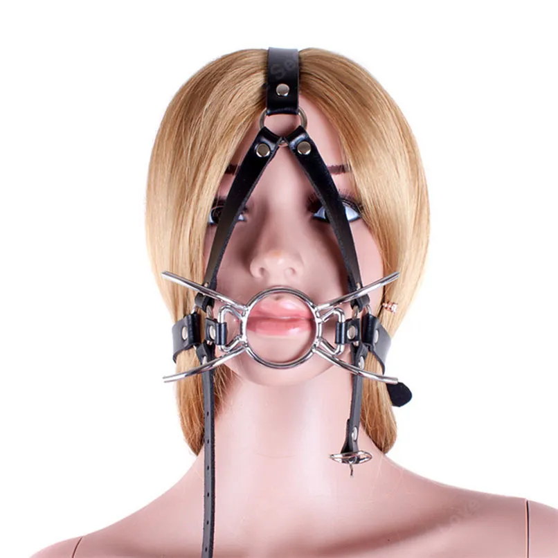 Metal Spider Bocca aperta O Ring Gag Head Harness Mask in Giochi per adulti PU Leather Bondage Restraints Giocattoli del sesso per pompini per coppie