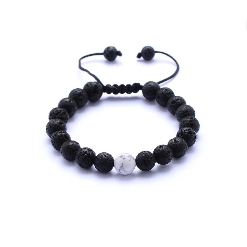 Lava Pulseiras De Pedra Frisado Tecelagem Preto Ágata Pedra Branca Pulseira de Pedra Natural Pulseira Para As Mulheres Moda Jóias Artesanato 8 MM de Contas