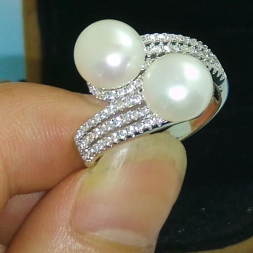 Mode-sieraden Merk Sieraden Pearl Gem 5A Zirkoon steen 925 Sterling Silver Wedding Band Ring SZ 5-10 gratis verzending