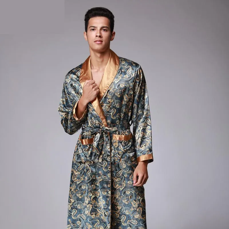 Mens Paisley Mönster Badrock Kimono Robes V-Neck Faux Silk Male Sleepwear Nightwear Male Satin Bath Robe