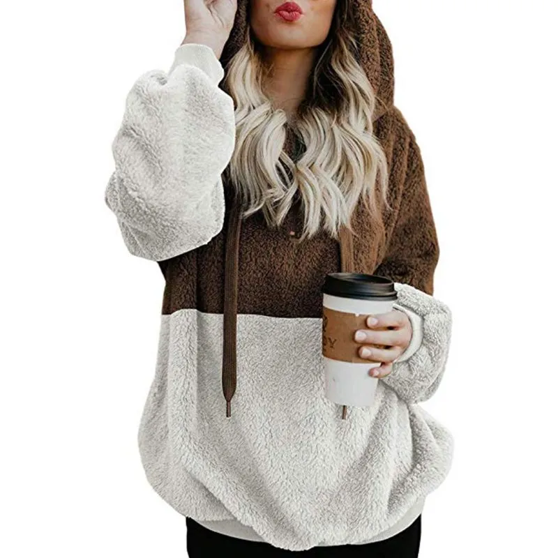 Womens Oversized Winter Thicken Warm Long Sleeve Hoodies Drawstring Fluffy Faux Fleece Pullover Sweatshirt Coat Tops