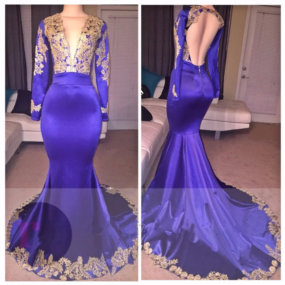 Royal Blue Mermaid Prom Dresses 2K18 Ny vintage med guldspetsapplikationer ärmar Deep V Neck Öppna långa anpassade aftonklänningar 403