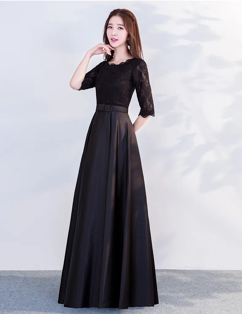 Czarne długie, skromne sukienki druhny z pół rękawami Nowe długie podłogę Aine Kobiety Niezwykle przyjęcia weselne