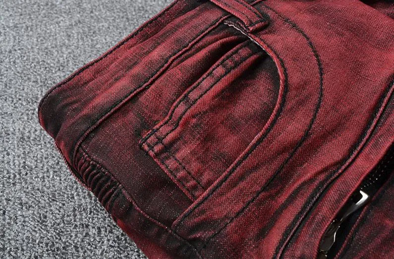 Herren Biker Jeans Multi Pocket Moto Hose Stretch dünne Burgundy Fracht Denim Distressed zerrissene Hose # 1043 Freies Verschiffen