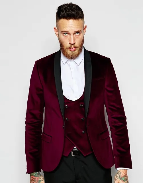 Populäre Entwurfs-Bräutigam-Smoking-ein Knopf-dunkelrotes Samt-Schal-Revers Groomsmen-bester Mann-Klage-Hochzeits-Herren-Anzüge (Jacket + Pants + Vest + Tie) J493