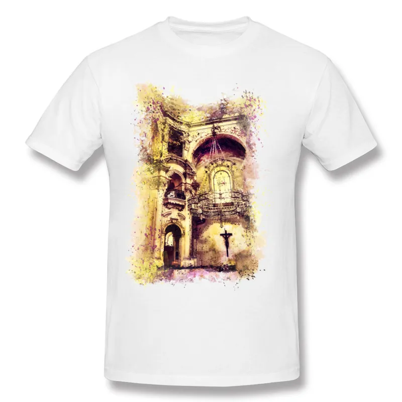 Hombre pour cent de coton Prague Church Tee-shirt Hombre Crew Neck Yellow Clain à manches