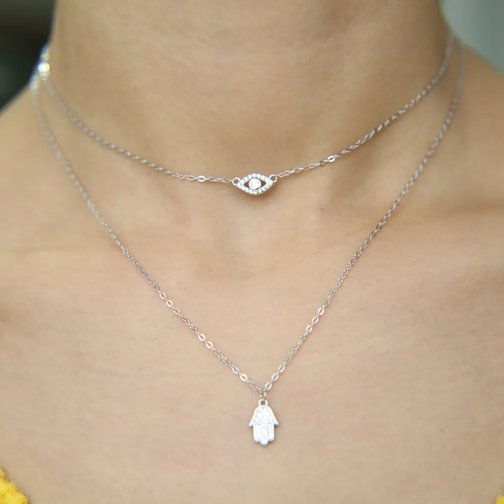 Garantia de joias de prata esterlina 925 amuleto da sorte hamsa mão mau-olhado dupla camada feminina elegância adorável colar joias