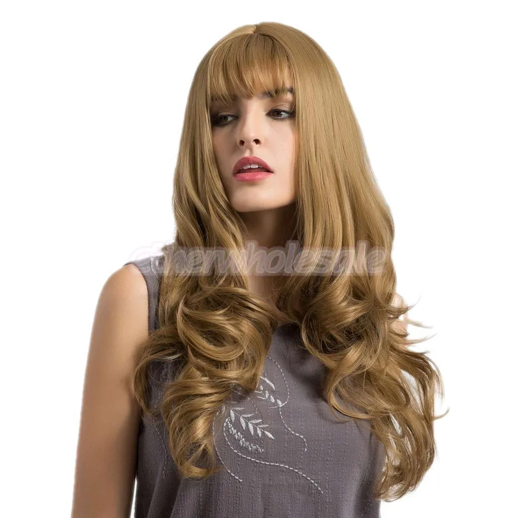 Girls Women 26" Long Natural Wavy Curly Synthetic Hair Wigs Bang