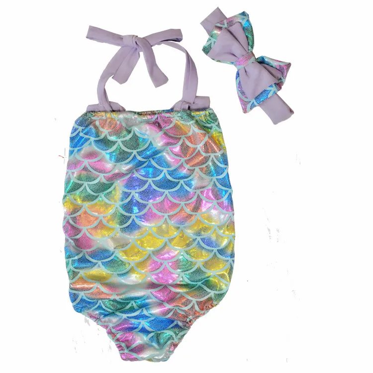 Children Mermaid Swimwear Bow Headband+Bow Swimwear Cartoon Mermaid Bikini Kids One-piece Swimsuit 4 Designs