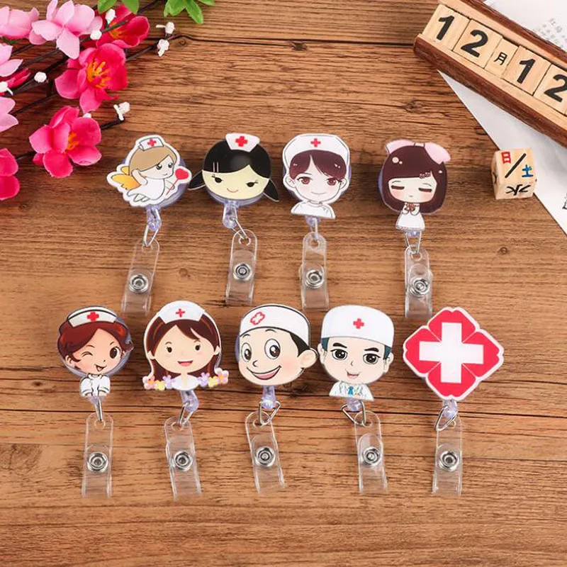 Söt infällbar Badge Reel Cartoon Nurse Student Exhibition ID Namn Kort Badge Holder Office Supplies QW7384