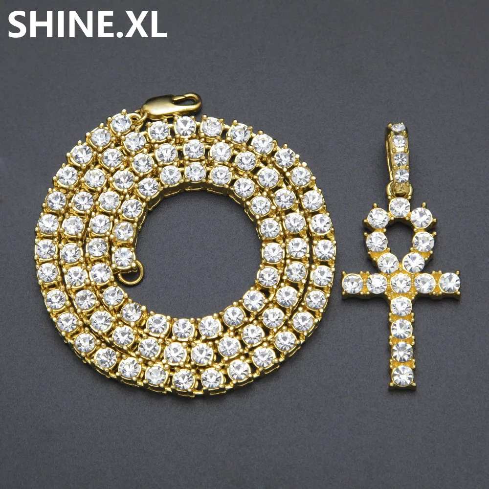 Męskie mrożone Hip Hop Gold Artificial Diamond Ankh Lab Diamond 1 Row Tennis Chain 24 -calowy biżuteria BLING1551345