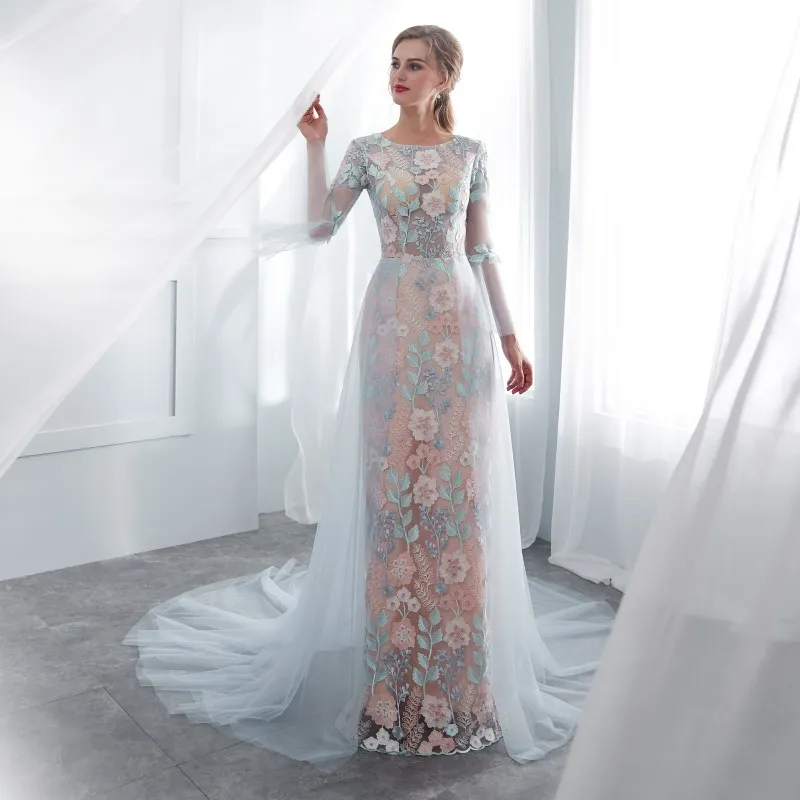 Flower Applique Twilight Prom Dress With Sheer Long Train And Pastels Flower Sleeves Fast Shipping Formal Evening Gown From Weddingplanning 121.91 DHgate.Com