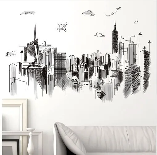Black Color Tall Buildings Wall Stickers PVC Material DIY Mural Art For ...