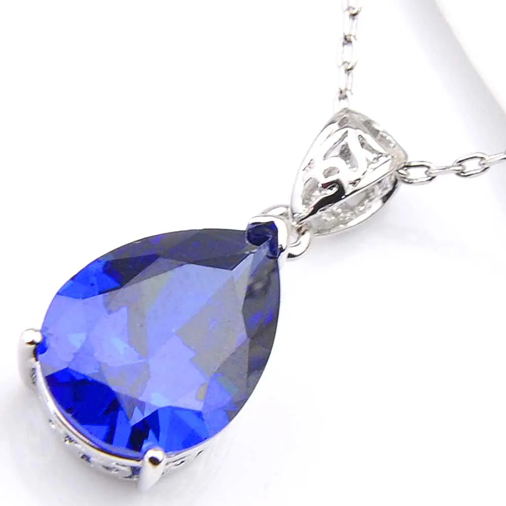 10Pcs Luckyshine Excellent Shine Water Drop Swiss Blue Topaz Cubic Zirconia Gemstone Silver Pendants Necklaces for Holiday Wedding Party