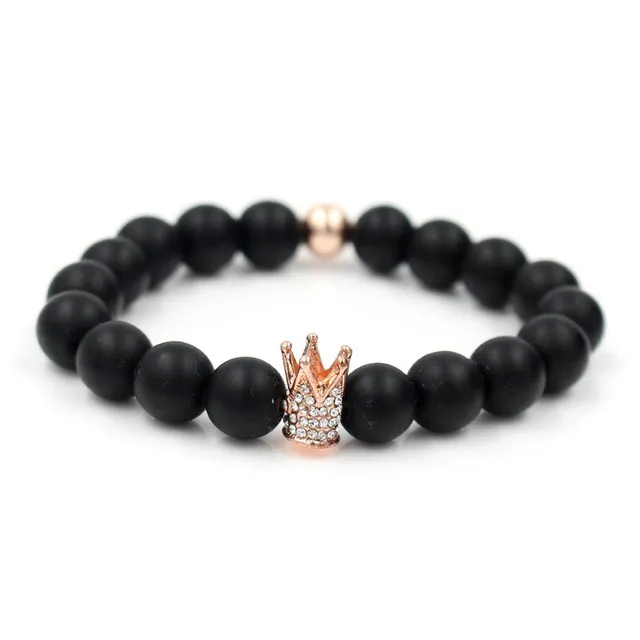 Micro Pave Crystal Rose Gold Färg 10mm King Crown Charm Armband Män Dull Polish Black Matt Stone Bead Armband