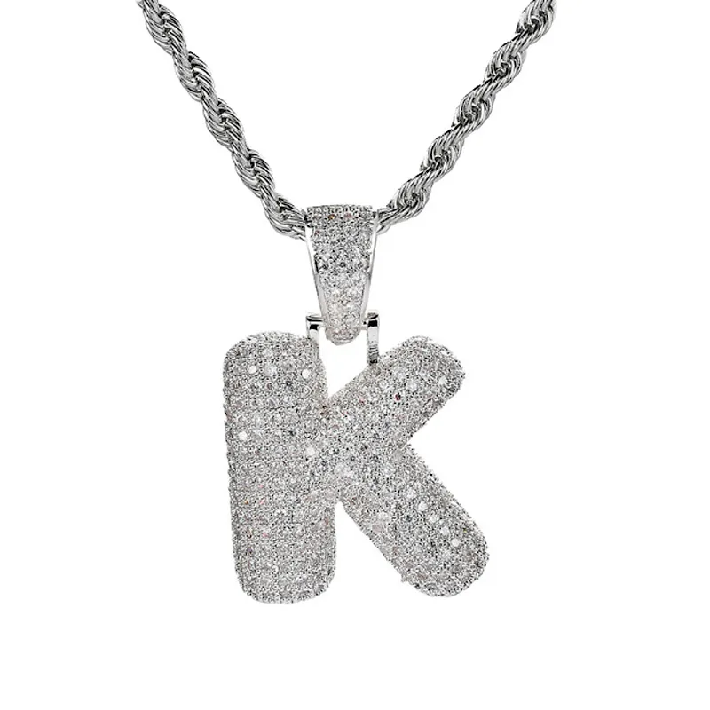 Zilver 26 Letters voor Keuze Bubble Letter Hanger Ketting met Micro Pave Cubic Zirconia Hip Hop Collier voor Mannen Unisex Sieraden