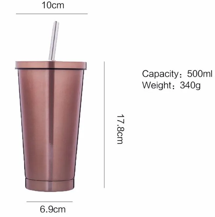 Tazza da caffè portatile da 500 ml da 17 once con coperchio Paglia a doppia parete in acciaio inossidabile Boccetta da viaggio Thermos da tè