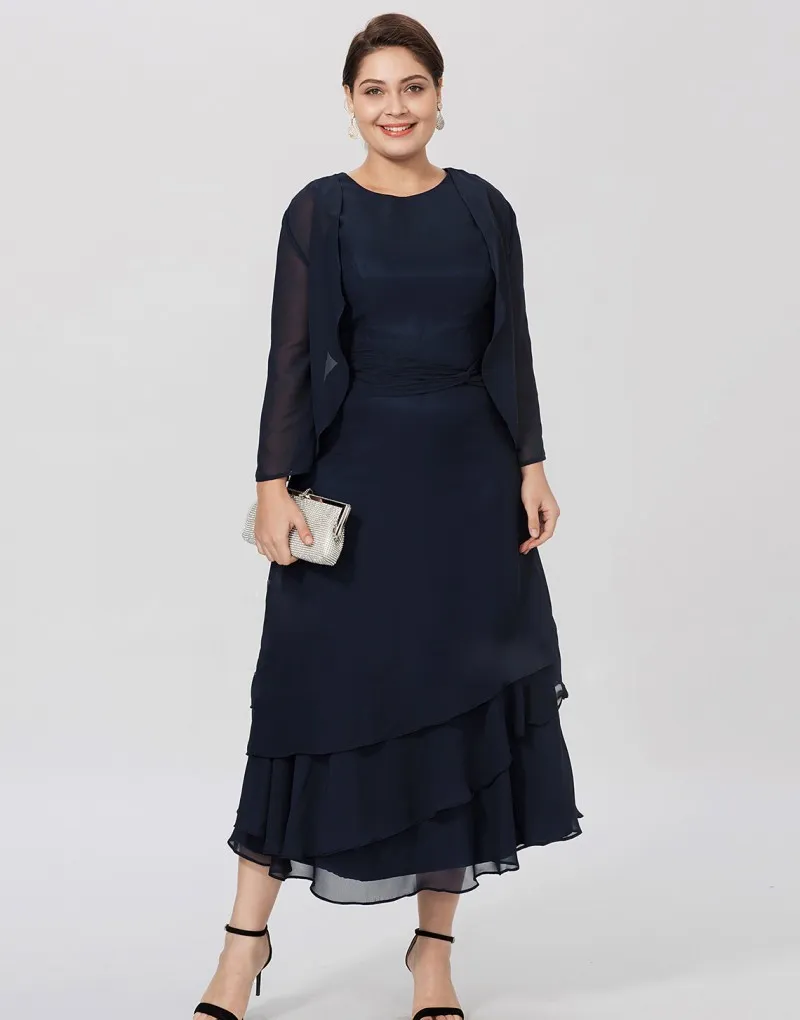 Cheap Navy Blue Mother Of The Bride Dresses With Jacket Tea Length A Line Mothers Formal Wear Plus Size Wedding Guest Dress