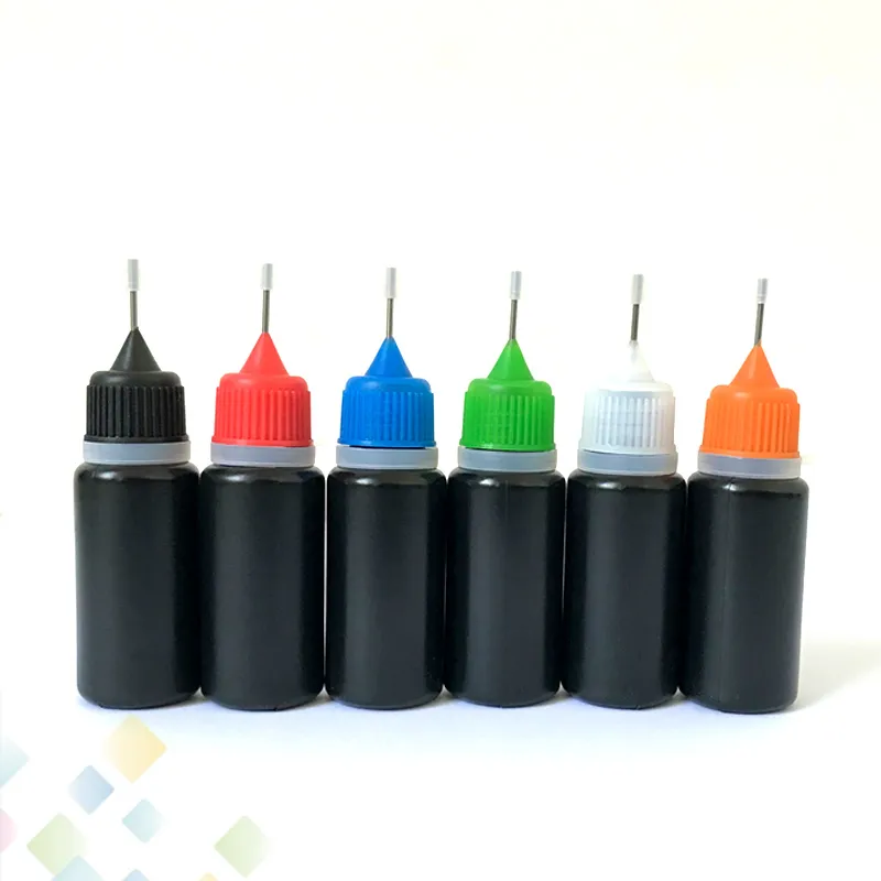 Black E Liquid Needle Bottle 10ml 30ml Ecig Oil Plastic PE Soft Ejuice Dropper With Pinhole Metal Needle Filler Colorful Caps DHL Free