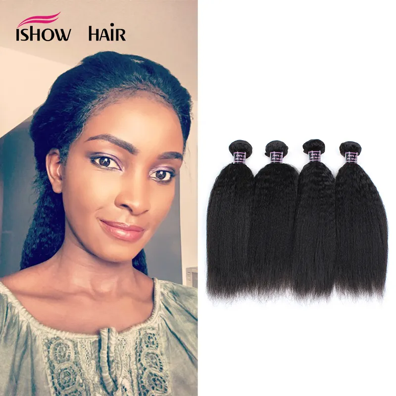 Ishow 10A Kinky Straight Human Hair Weave Bundles Remy Hair Extensions Brazilian Yaki Straight for Women Gilrs All Ages Natural Color 8-28inch Peruvian 4Pcs/Lot