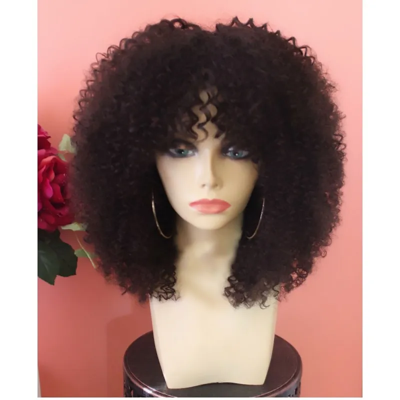 Lager Snabb leverans Kort Afro Kinky Curly Syntetisk Lace Front Wig För Afrika Kvinnor Brasilianska Lace Frontal Wig med Bangs