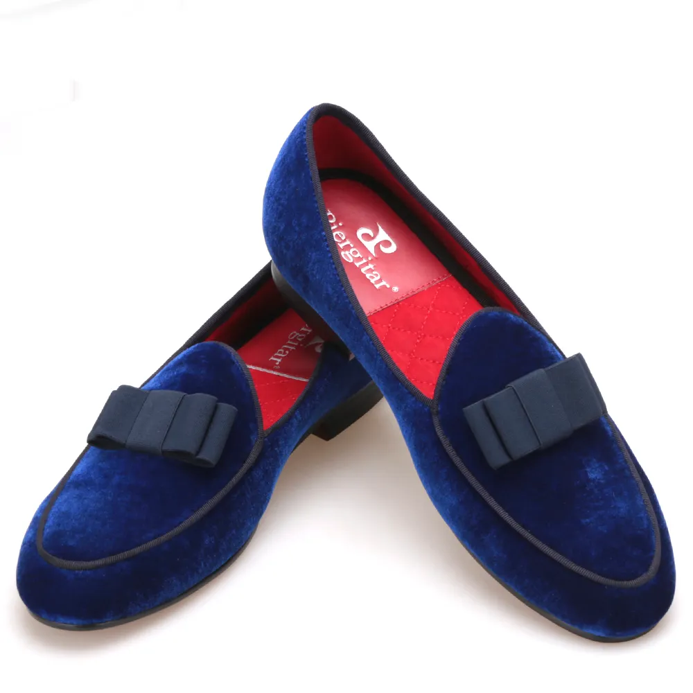 Zapatos hombre hechos a mano de terciopelo real con azul marino Bowtie Fashion