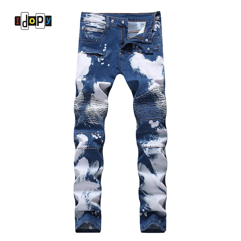 Idopy Herrenmode-Markendesigner-Biker-Jeans, Hip-Hop-Punk-Stil, bemalte Denim-Hosen, gerade Passform, Jean-Hose für Männer