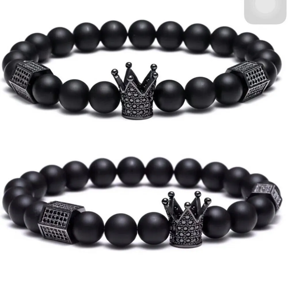 Populär Svart Micro Pave CZ Crown Charm Matte Onyx Pärlor Stretch Unisex Armband One Piece XYB141