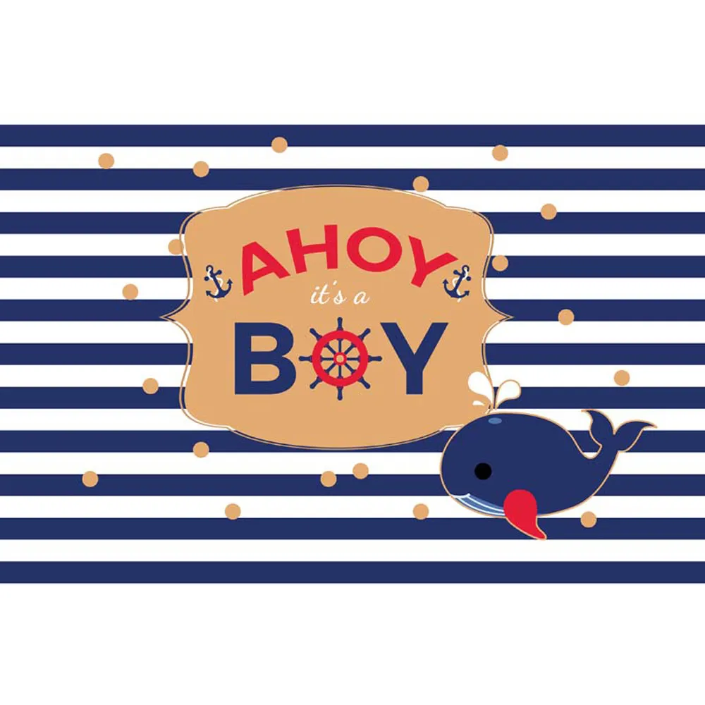 Blå och Vit Striped Nyfödd Pojke Bakgrund Tryckt Polka Dots Whale Baby Sailor Grattis på födelsedagen Party Photo Booth Background