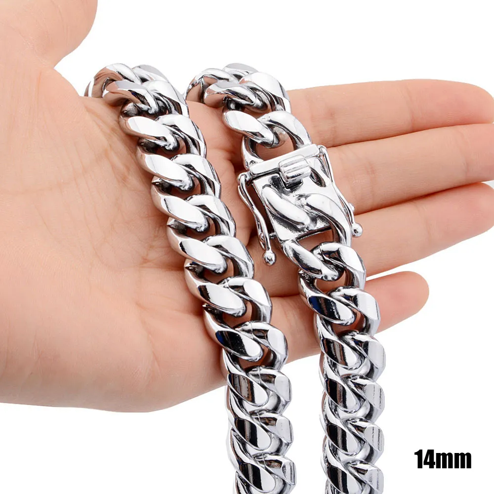 8mm10mm12mm14mm 316L Stainless Steel Jewelry High Polish Miami Cuban Chain Necklace Men Punk Curb ChainDragonBeard Clasp 24qu4600286