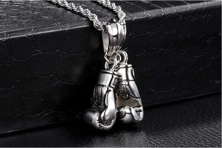 Sport Men Boxer Glove Necklace Fitness Fashion Stainless Steel Workout Jewelry Silver Double Boxing Glove Charm Pendants Accessories 60cm Rope Chain