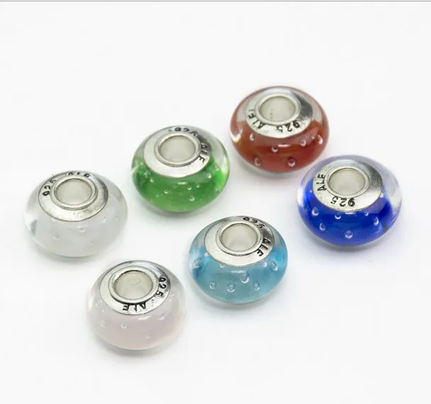 925 Sterling Silver Core Multicolour Murano Lampwork Glass Kulki Charm Big Hole Luźne koraliki na Naszyjnik Bransoletki Pandora