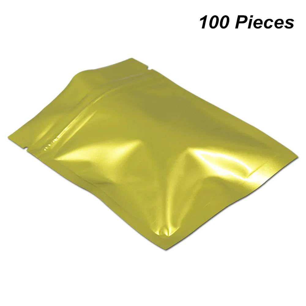 Multipliez les tailles 100 PCS Gold Mylar Foil Type Baggies avec fermeture à glissière Sacs d'épicerie réutilisables Feuille d'aluminium Fermeture à glissière Sacs d'emballage pour échantillon