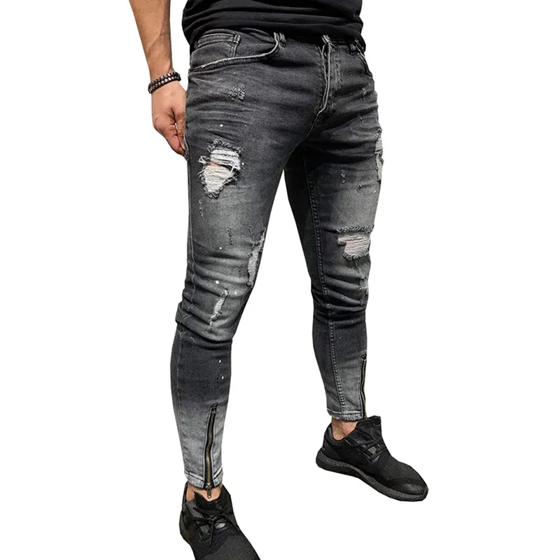 Mäns jeans män stretch förstörde rippad design svart blyertsbyxor smala cyklistbyxor hål streetwear swag