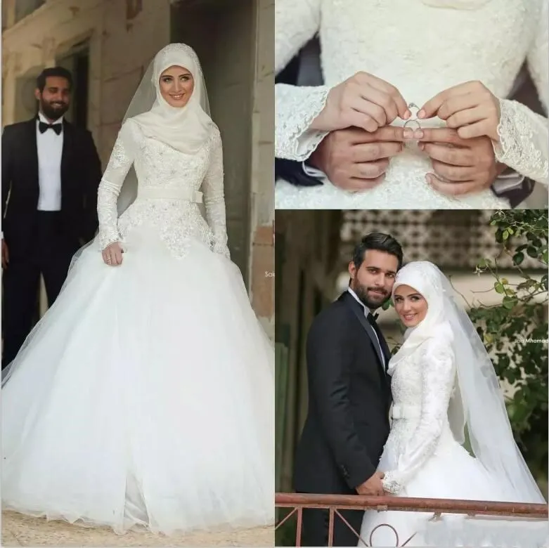 2019 년 무슬림 웨딩 드레스는 Mhamad 레이스 겨울 신부 가운 긴 소매 높은 목 아랍어 이슬람 A 라인 웨딩 드레스