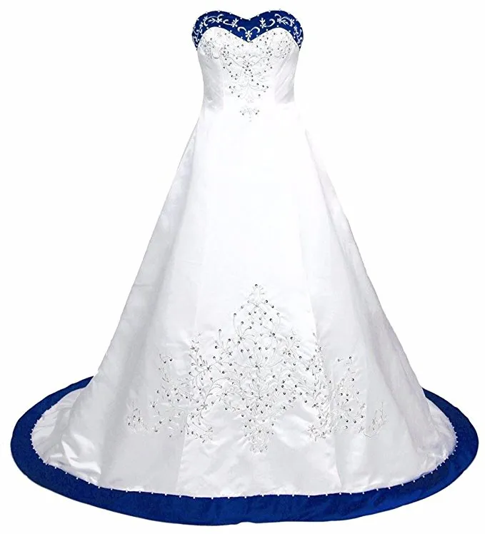 Royal Blue And White Wedding Dress Embroidery Princess Satin A line Lace up Back Court Train Sequins Beaded Long Cheap Wedding Gowns