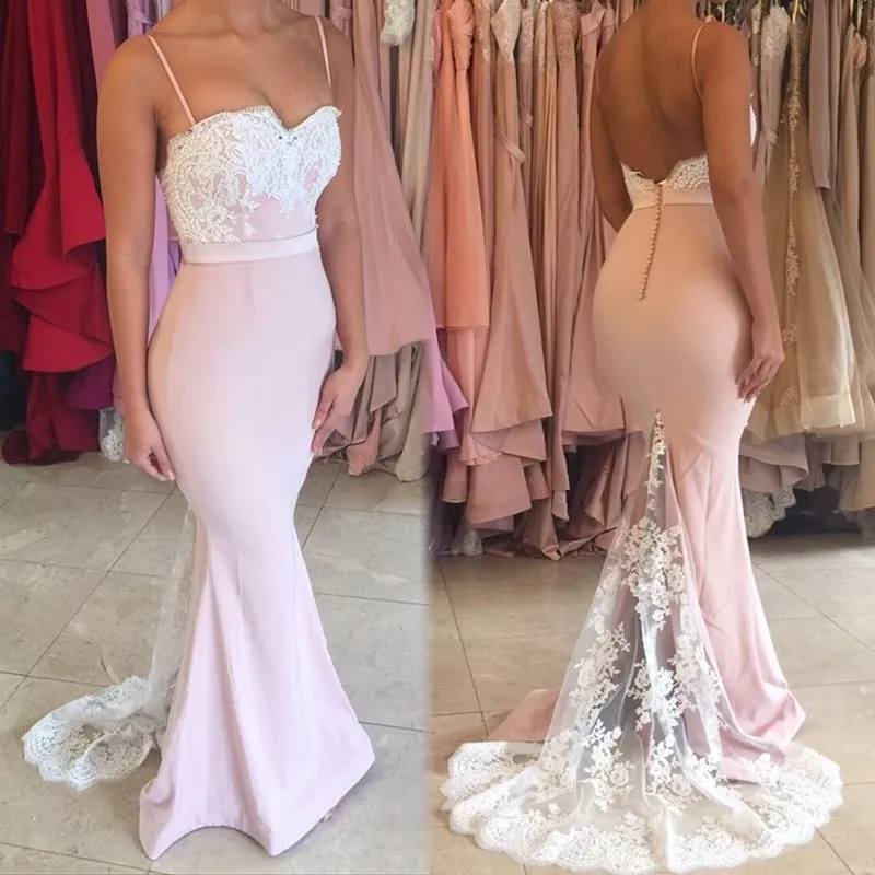 Spaghetti Mermaid Pink Bridesmaid Dresses Lace upper Long Maid of Honer Dresses Sexy Formal Evenig Gown