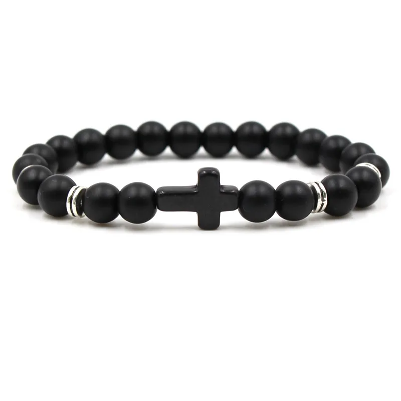 Unisex natursten 7 färger kors charm armband handarbete svart onyx vulkan matte pärlstav armband för kvinnor män