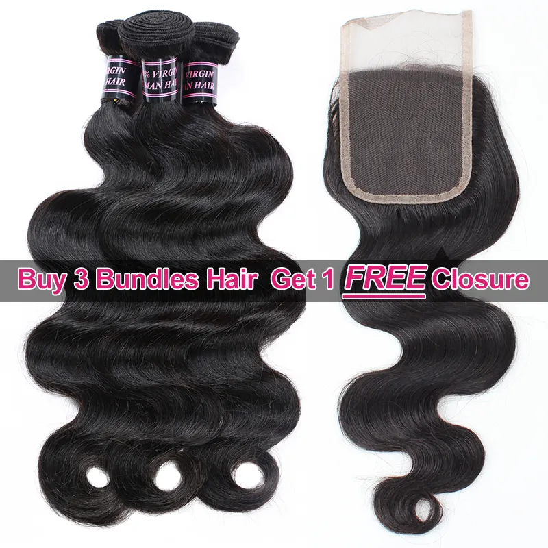 Ishow Koop 3 stks WEKS KRIJGEN ONE GRATIS DEEL SLUITING MINK BRABILLIAN BODIAGE WAVE PERUVIAN MENSELIJK HAAR BUNTLES UITVERKEERINGEN WEAVE VOOR VROUWEN Alle leeftijden Natuurlijk Zwart 8-28Inch